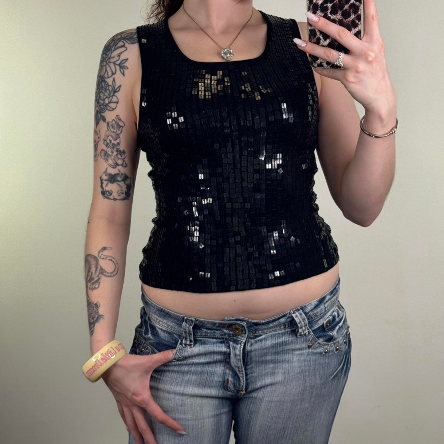 Y2K vintage sequin tank top round neck slight crop stretchy fitted black square