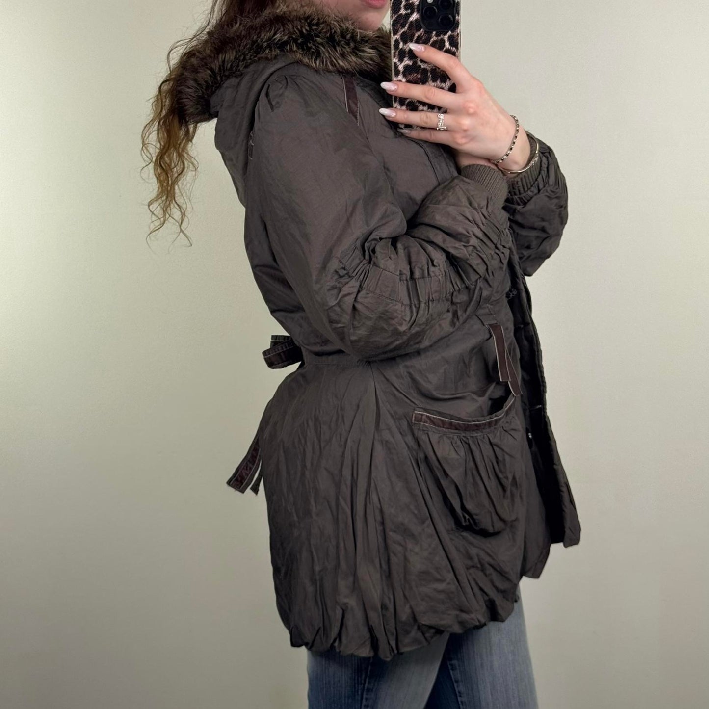 Y2K vintage parka coat ruched bow faux fur hood button up coquette brown velvet