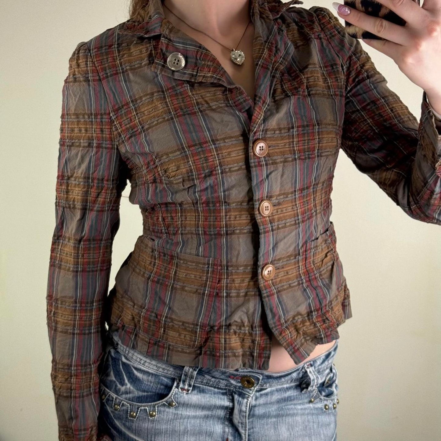 Y2K vintage tartan jacket button up blazer print buttons check print tailored