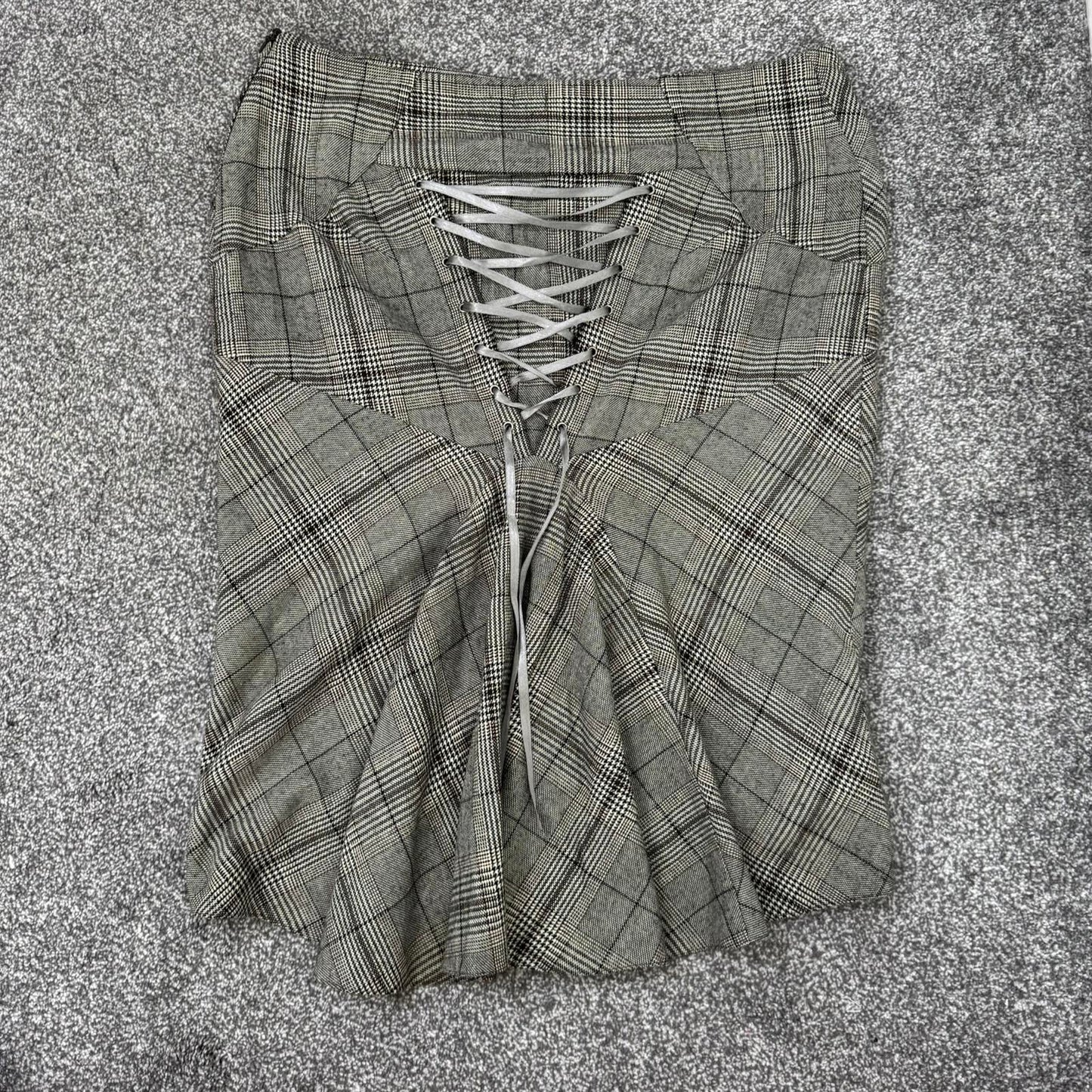 Y2K vintage houndstooth tartan check midi skirt lace up knee length rhinestone
