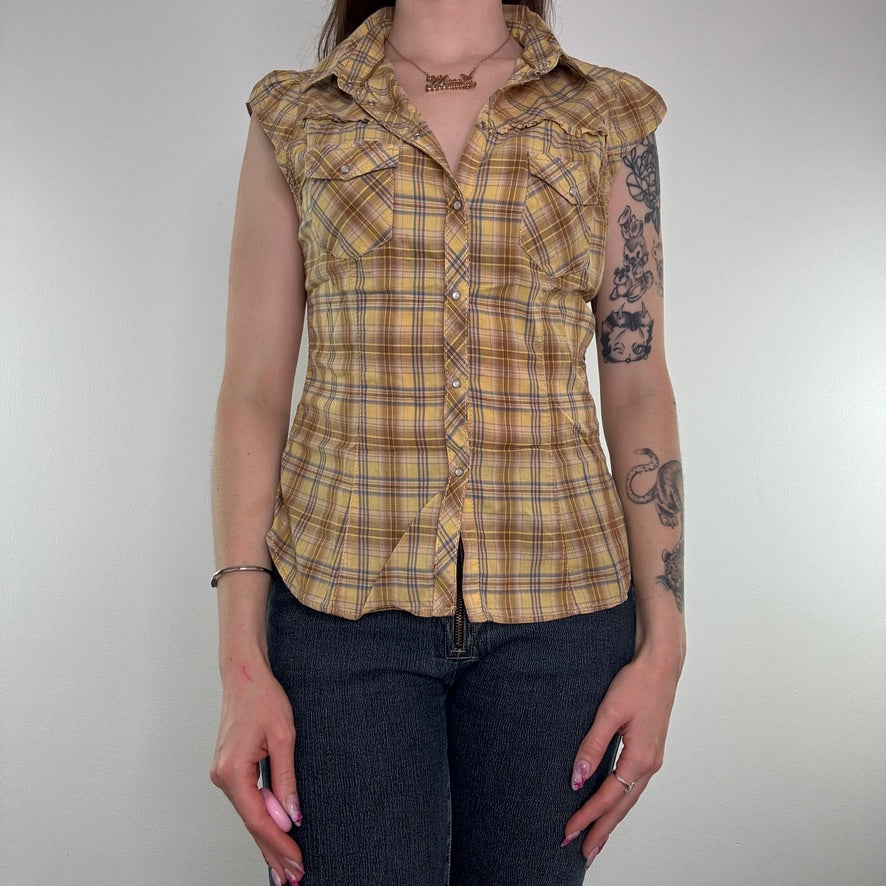 Y2K sleeveless tartan check button up collared shirt