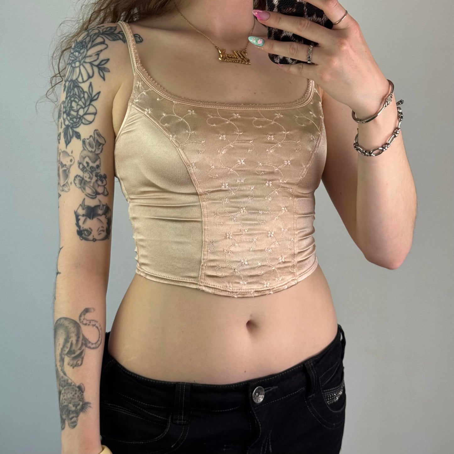 Y2K vintage satin floral embroidered cami top cropped strappy stretchy