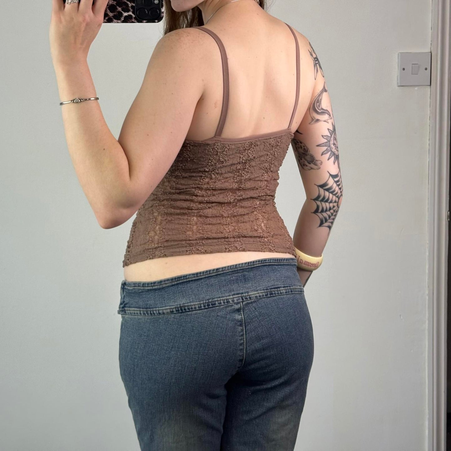 Y2K vintage stretchy mesh cami top sheer strappy light brown strappy fairy