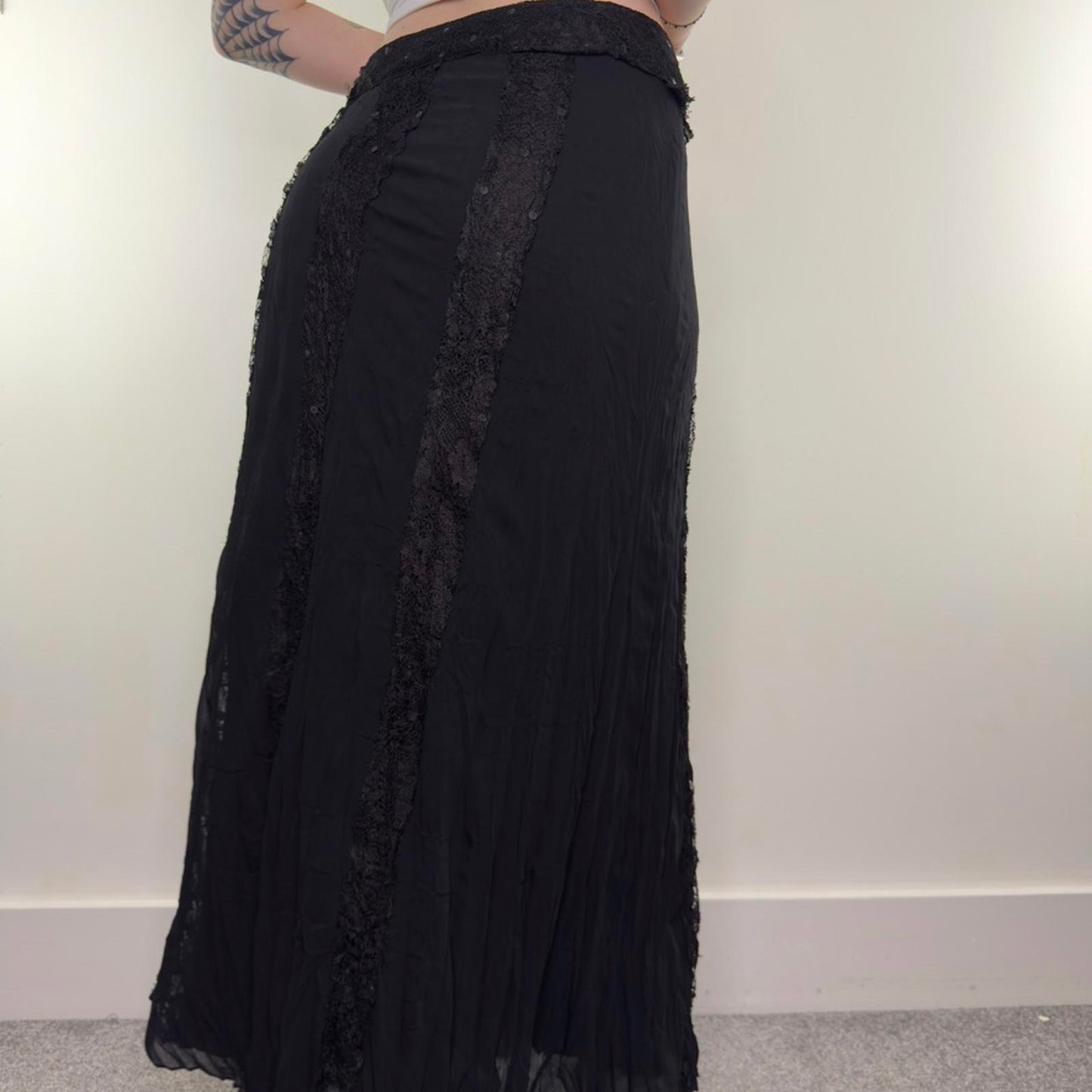 Y2K vintage lace stripe sequin trim maxi skirt double layer lightweight boho