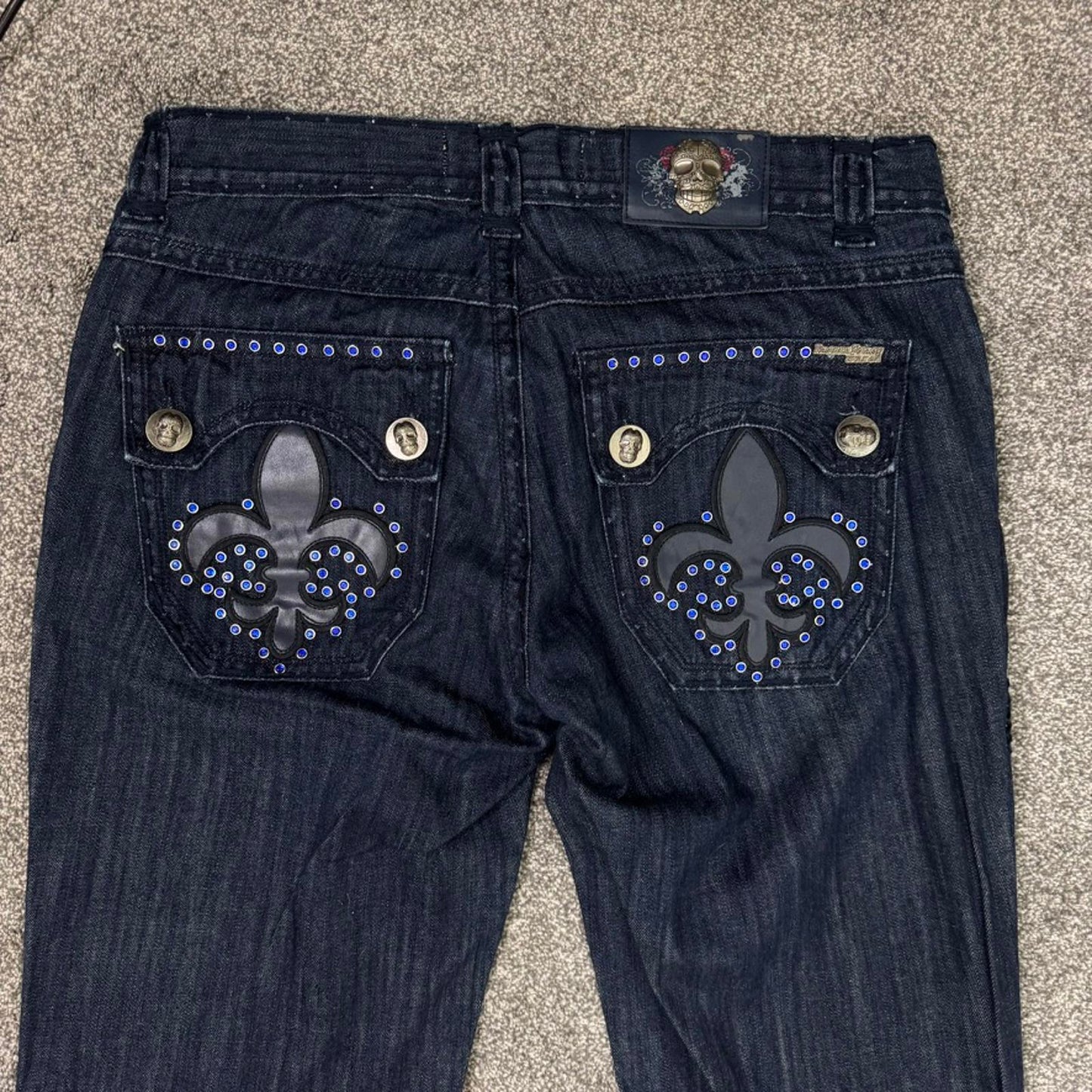 Y2K vintage Laguna Beach bootcut jeans filigree rhinestones skull dark blue