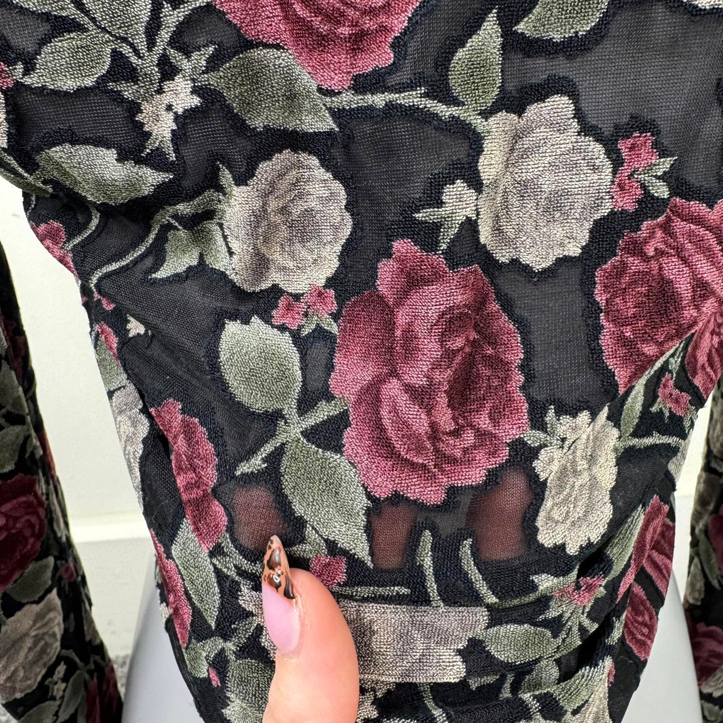 Y2K vintage mesh long sleeve top floral rose pattern sheer stretchy whimsigoth
