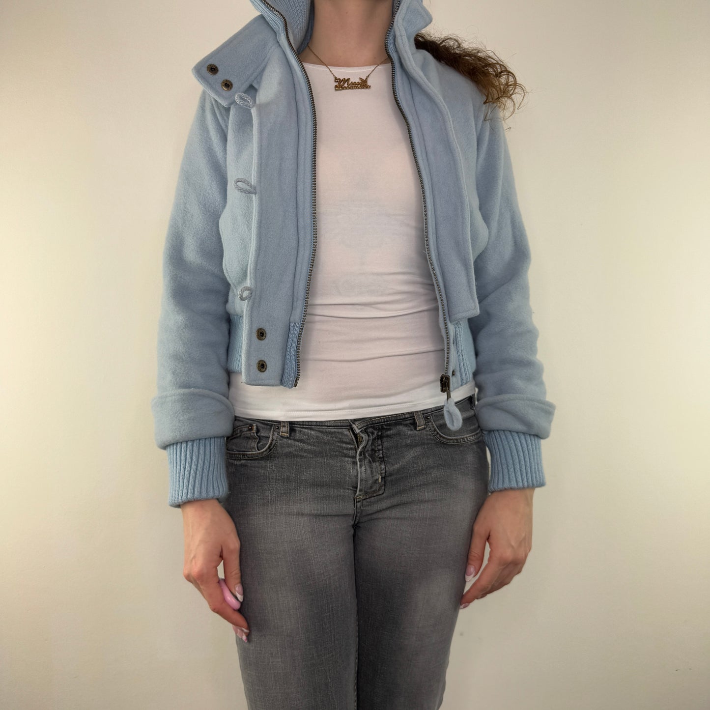 Y2K vintage short jacket wool zip up cropped baby blue buttons knit cuffs