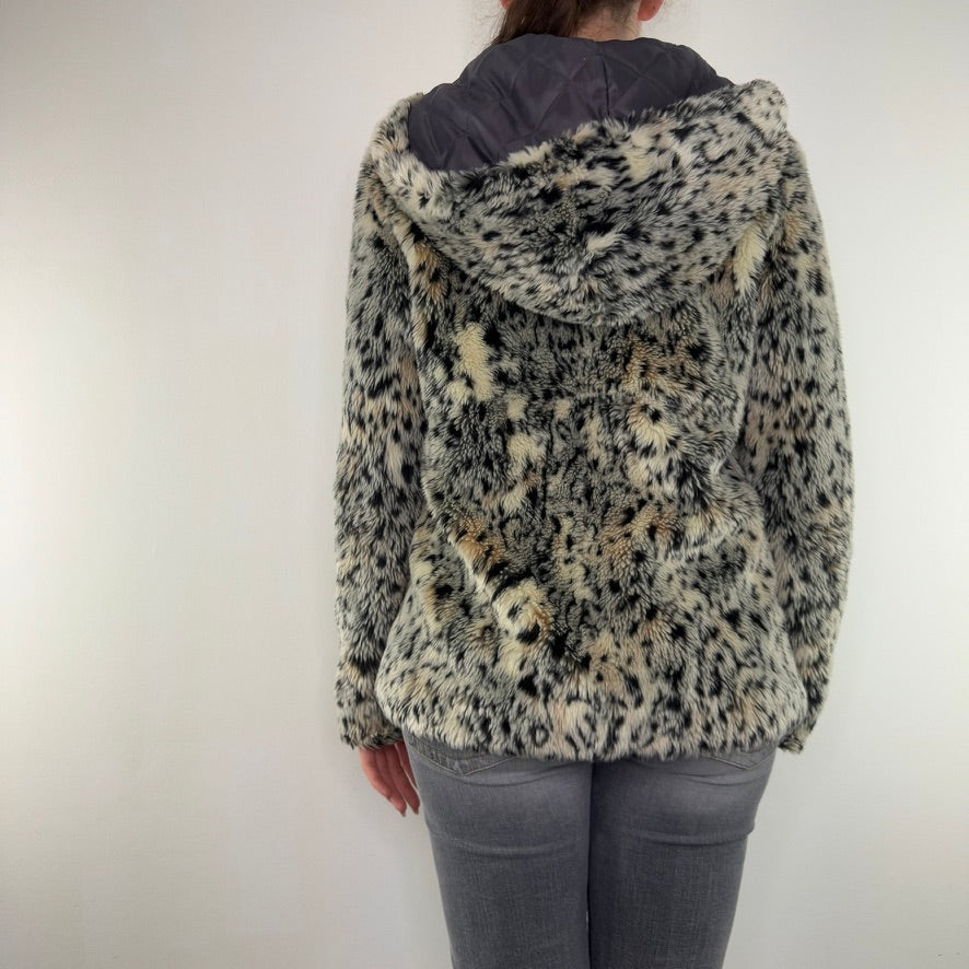 Y2K vintage faux fur coat leopard print button up hood oversized jacket