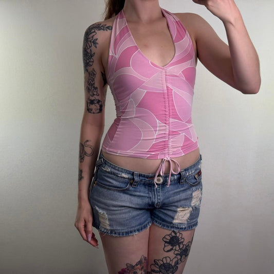 Y2K vintage Jane Norman slinky halter neck top pink ruched bow pattern