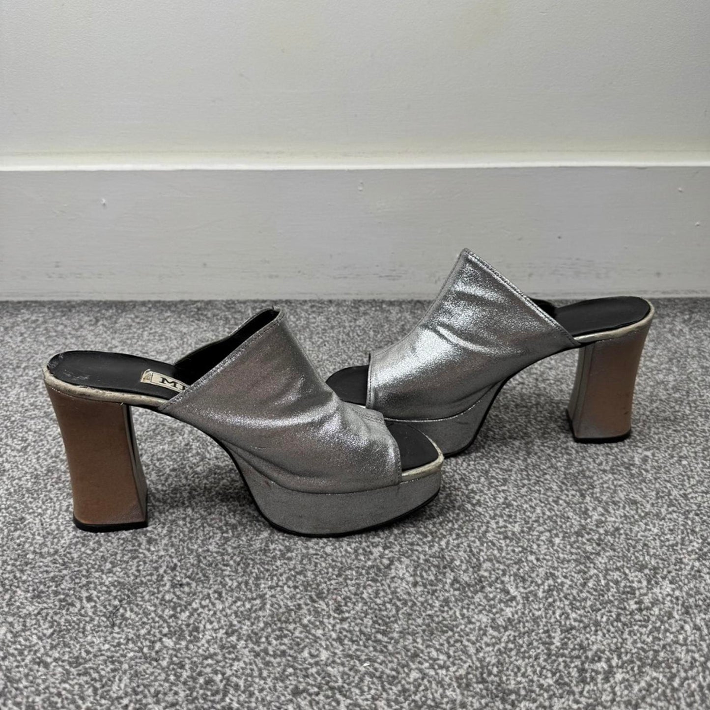 Y2K vintage Metro chunky platform heels silver metallic peep toe mules