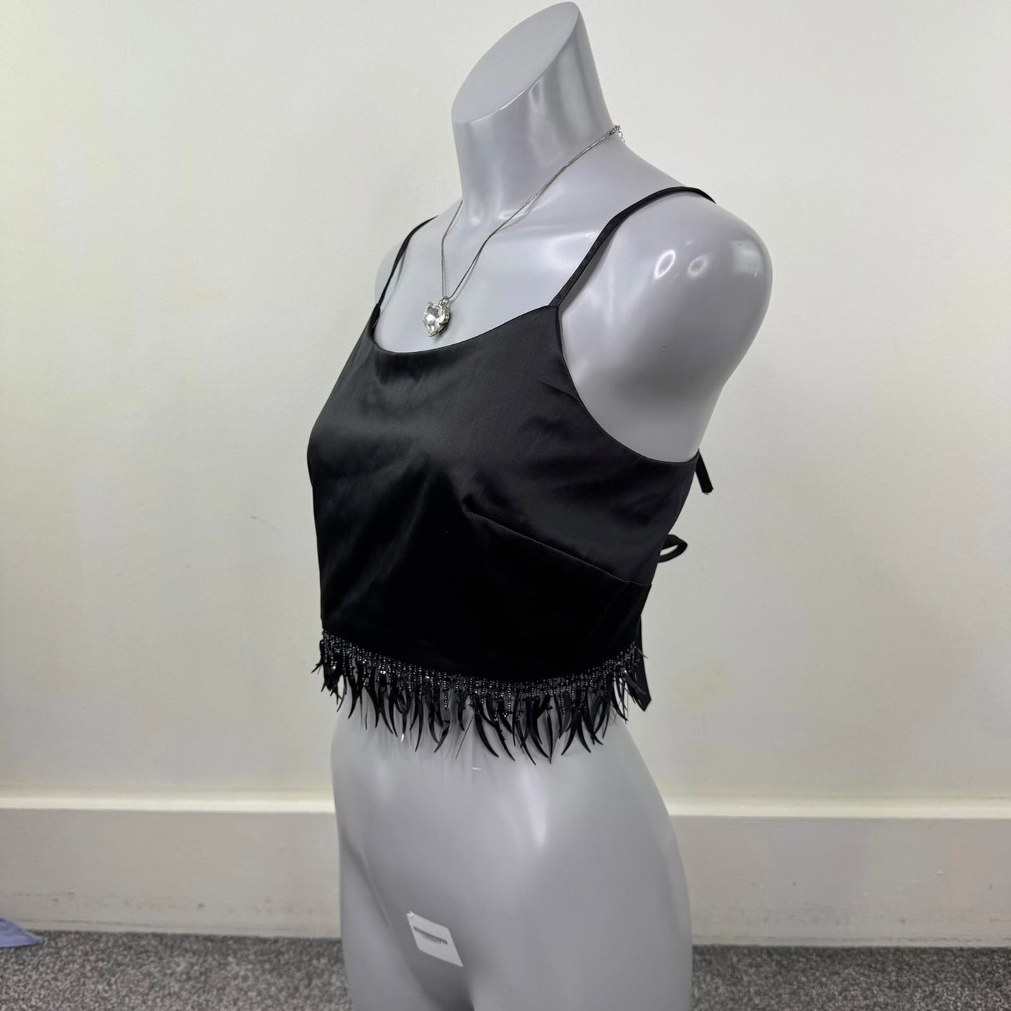 Y2K vintage crop beaded top open back fringe strappy bow 90s party going out