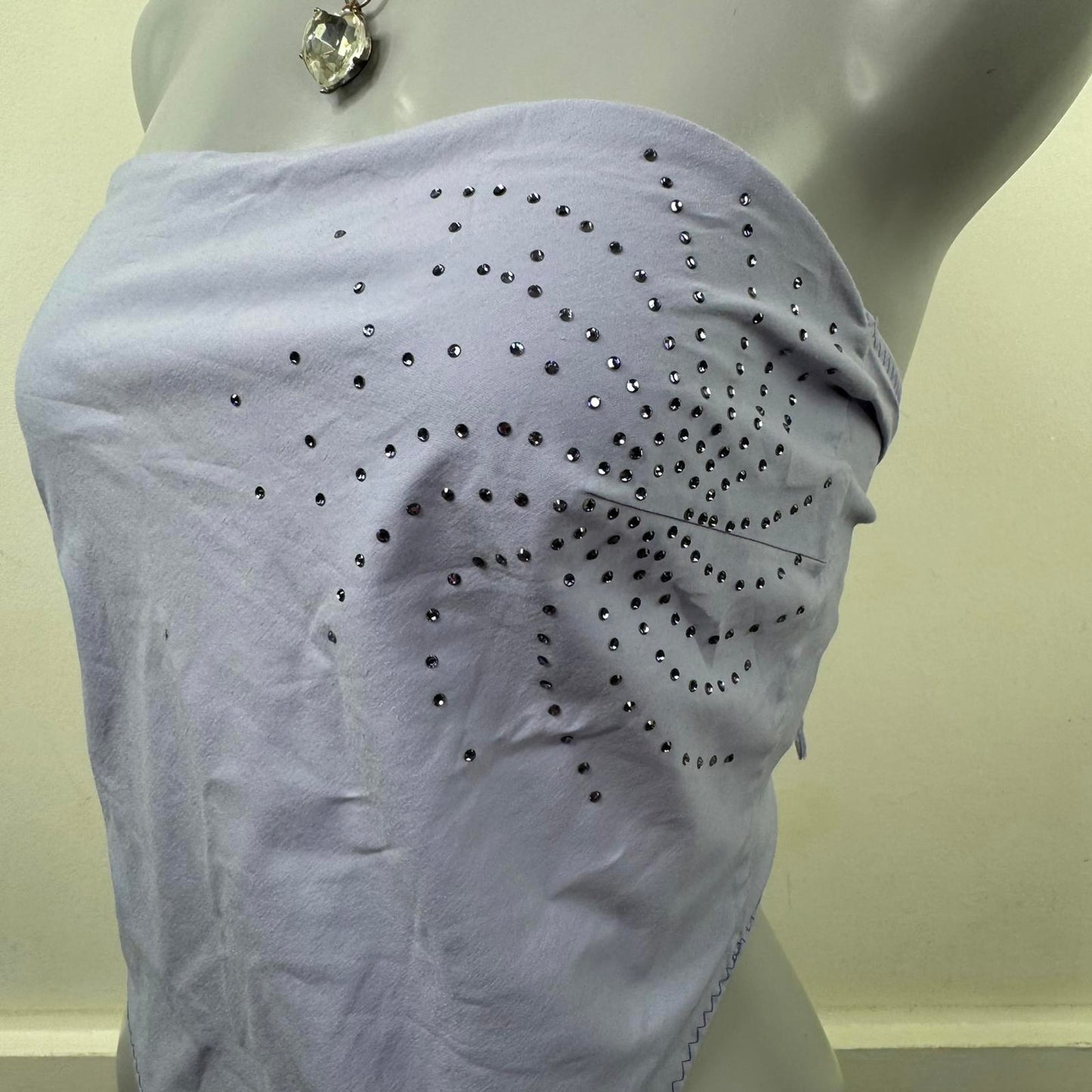 Y2K vintage strapless top handkerchief rhinestone v hem festival lilac stretchy