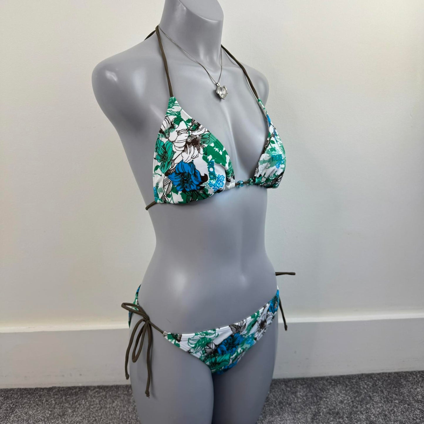 Y2K vintage floral matching bikini set halter neck top adjustable bow white blue