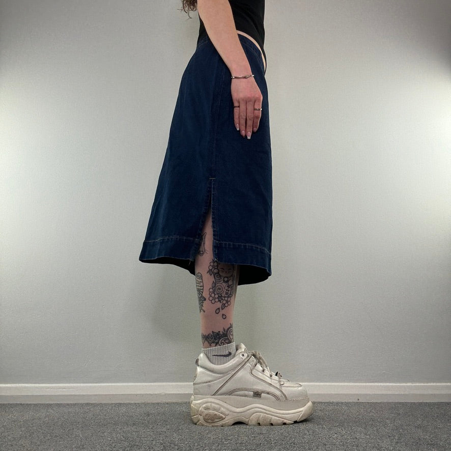 Y2K dark denim side splits midi skirt