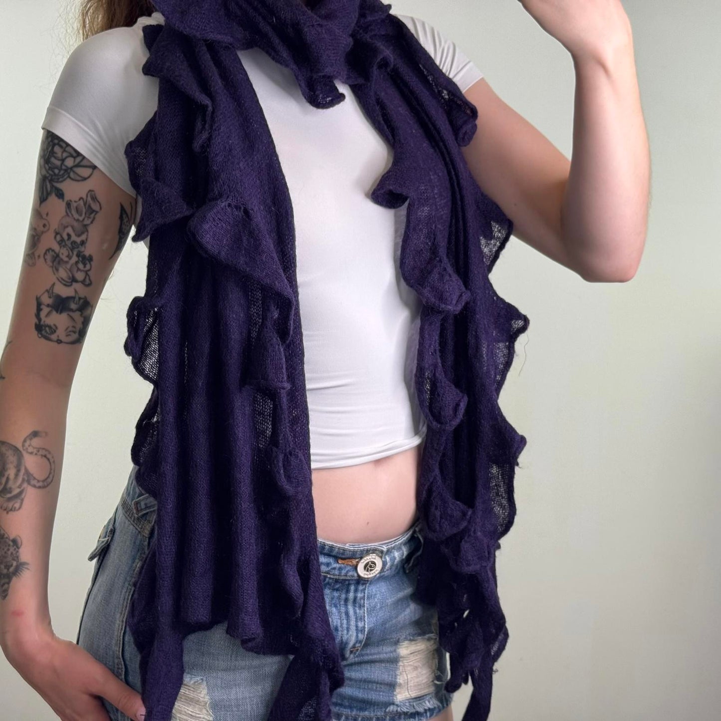 Y2K vintage ruffle long scarf dark purple frill wool blend