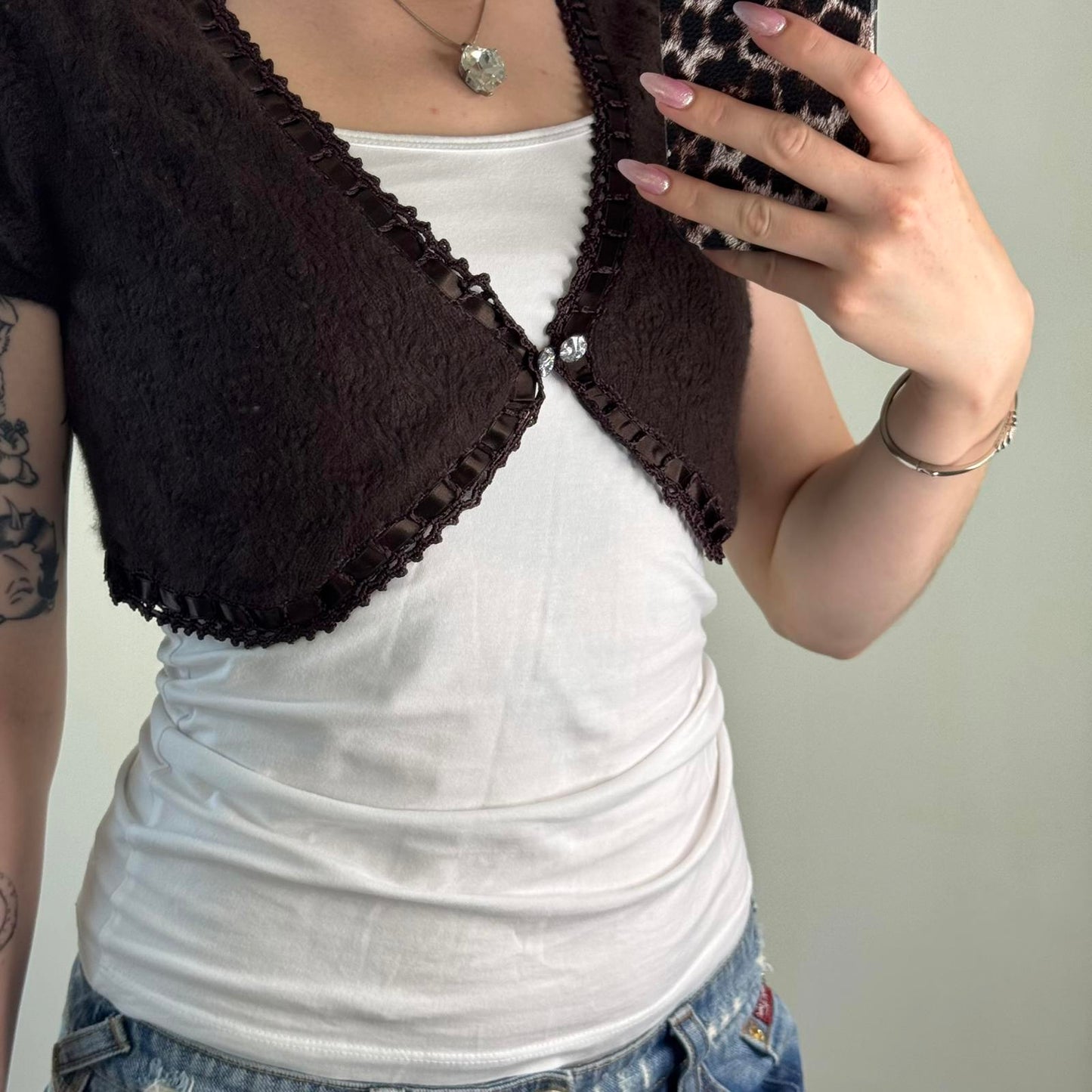 Y2K vintage Karen Millen cropped short sleeve cardigan button up rhinestone