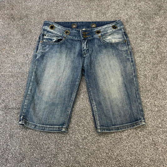 Y2K vintage low rise capri cropped denim shorts faded blue grommet