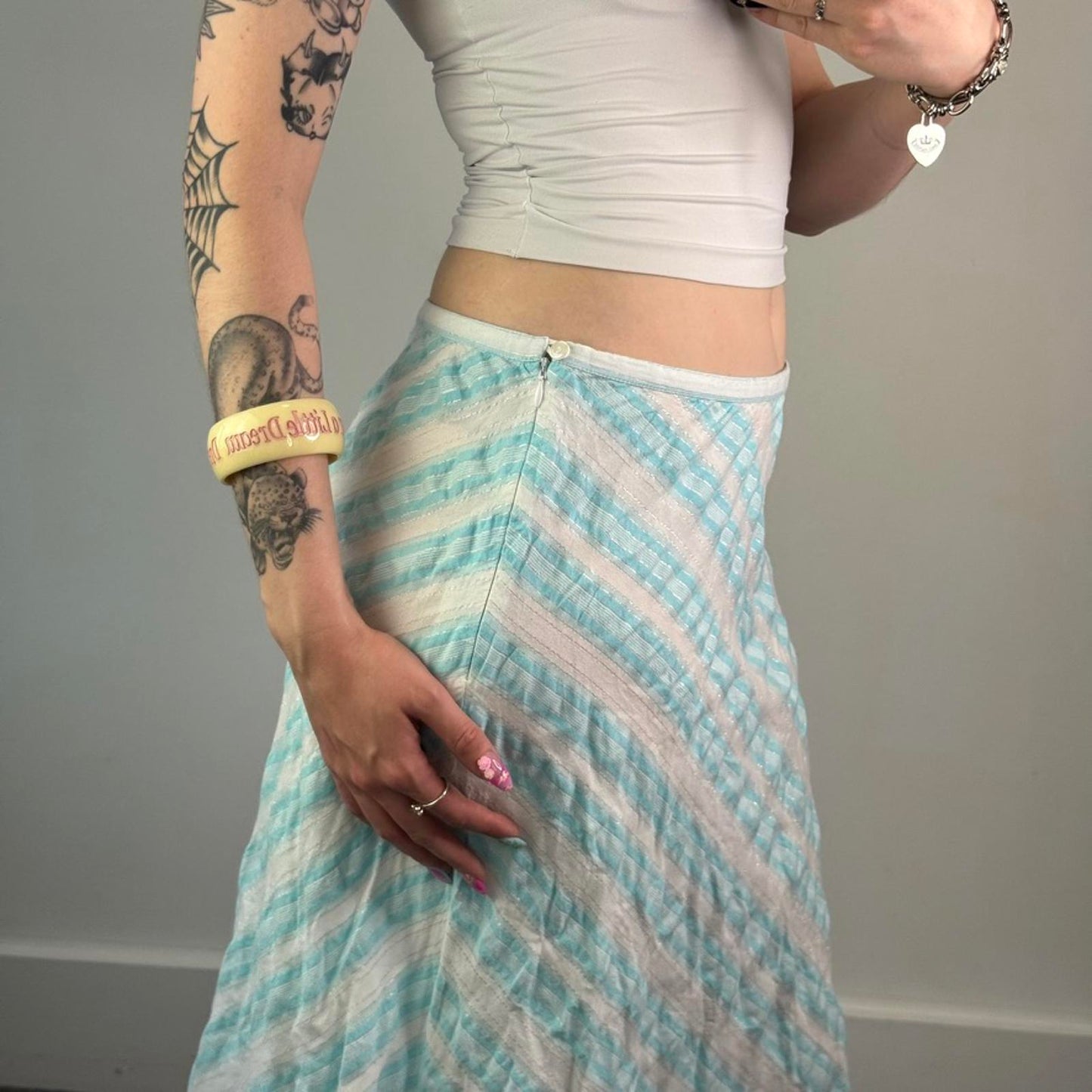 Y2K vintage stripe sparkly midi skirt diagonal white baby blue stripy a line