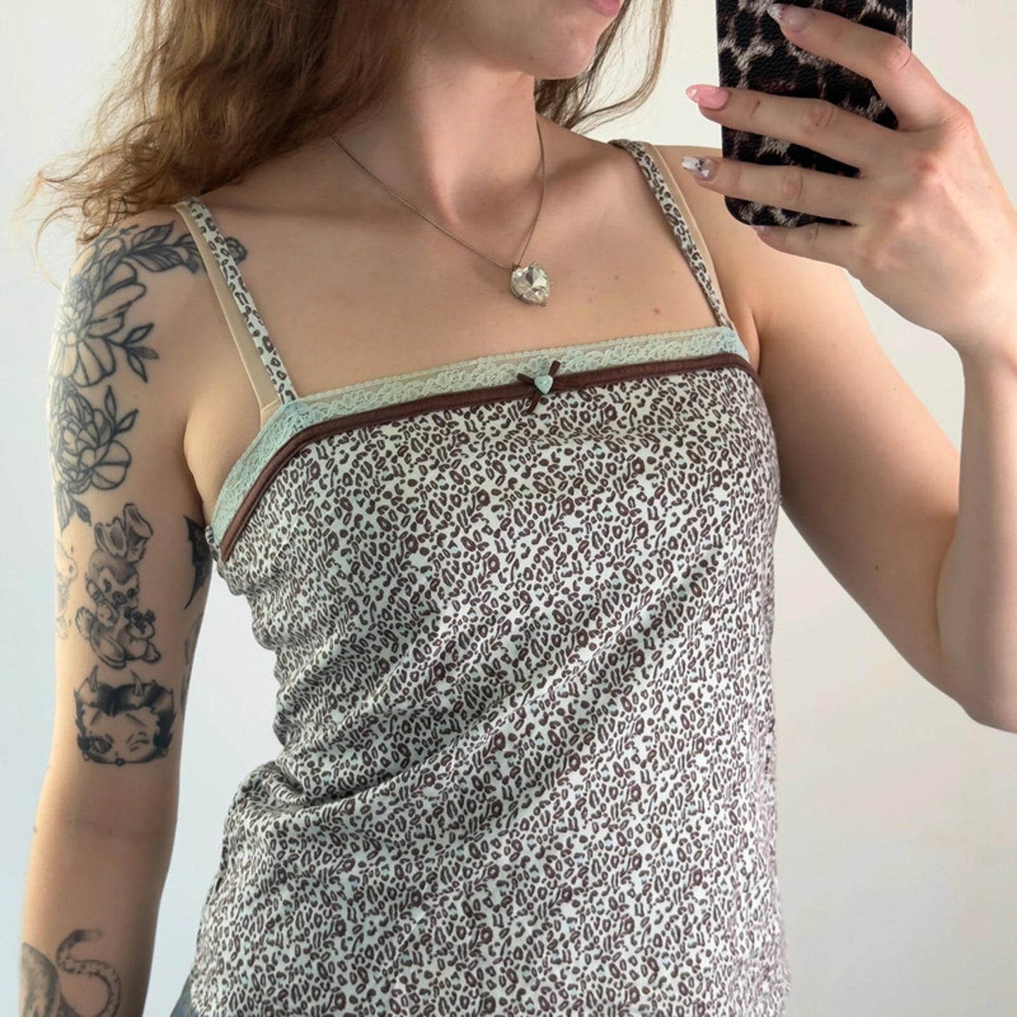 Y2K vintage leopard print cami top lace trim heart button bow square neckline