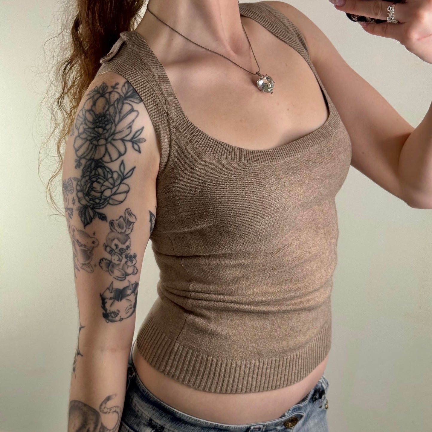 Y2K vintage fine knit stretchy fitted top deep round neckline sleeveless buttons