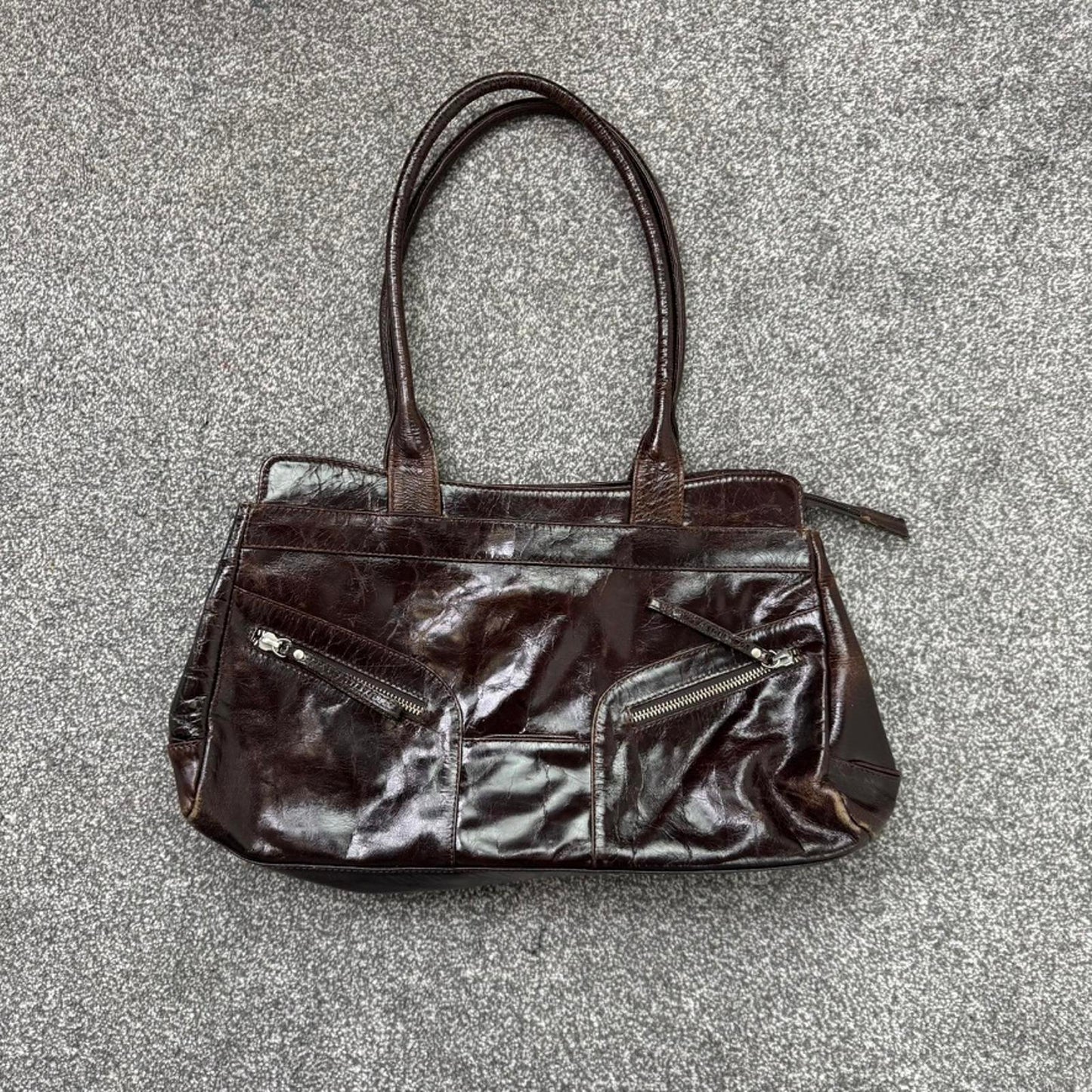 Y2K vintage genuine real leather patent shoulder bag zippers shiny medium size