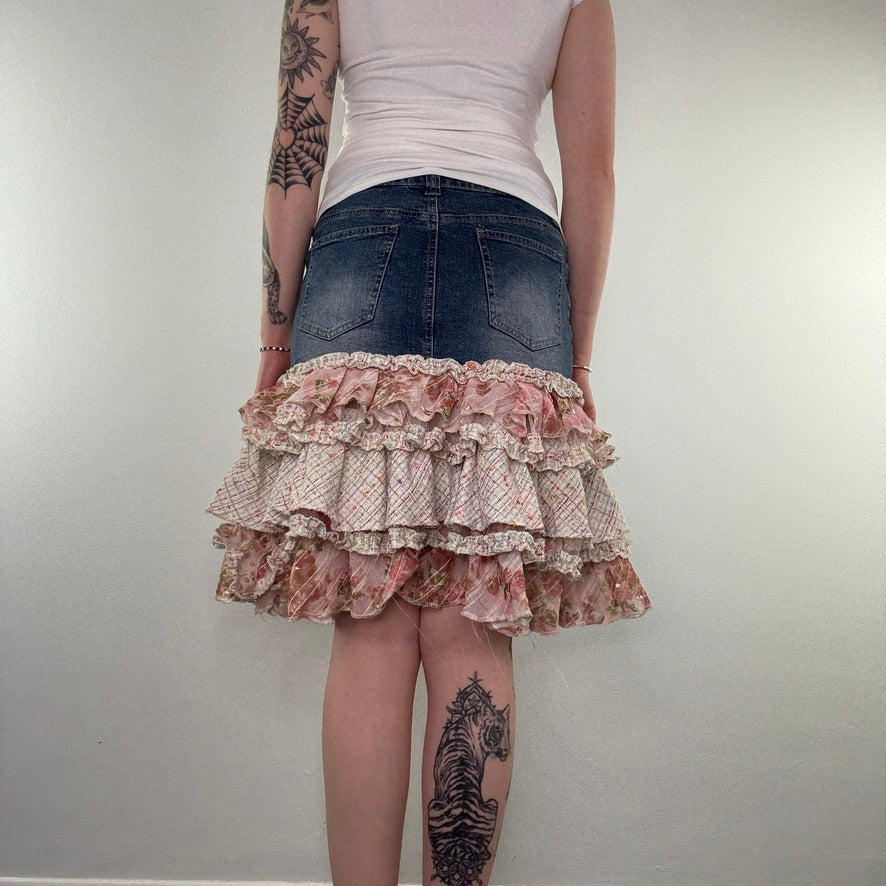 Y2K denim rara frilly rosette rose tutu midi skirt