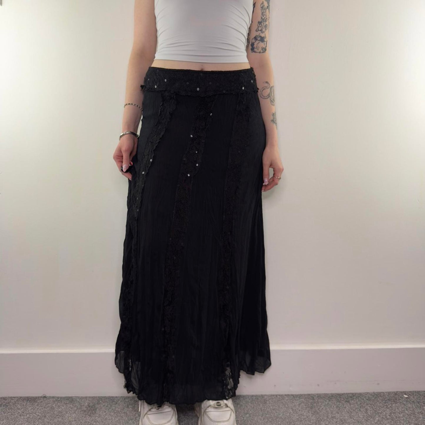 Y2K vintage lace stripe sequin trim maxi skirt double layer lightweight boho