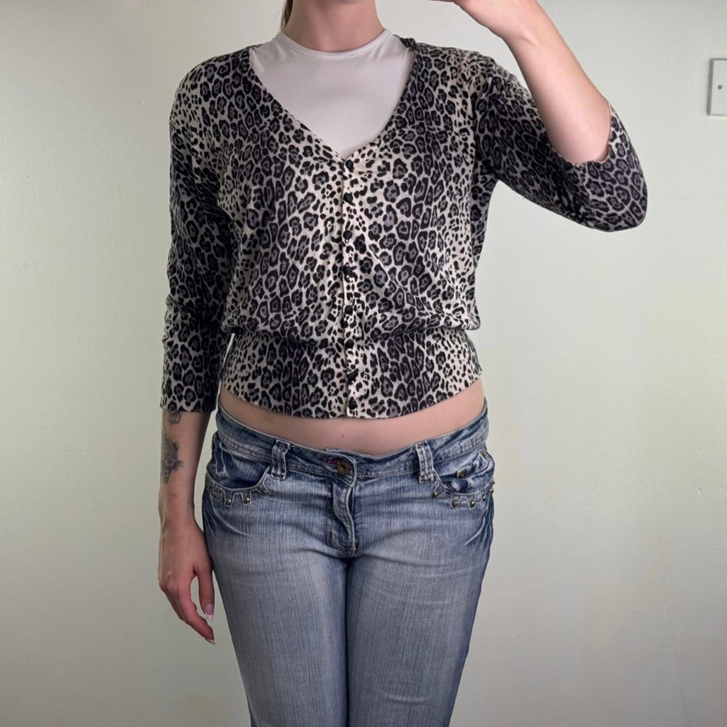 Y2K vintage leopard print fine knit button up cardigan grey black
