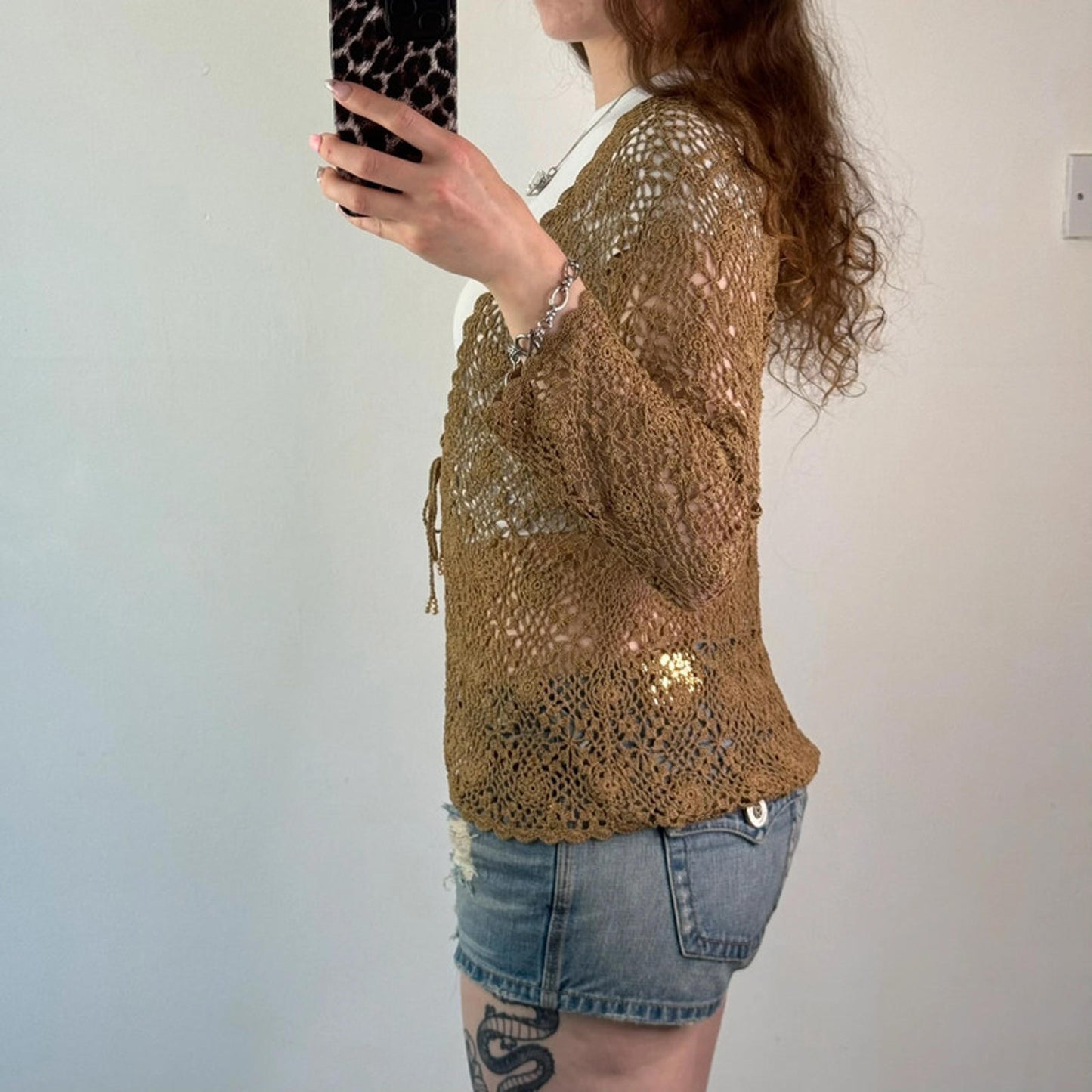 Y2K vintage crochet floral long sleeve cardigan boho tie bow front sheer summer