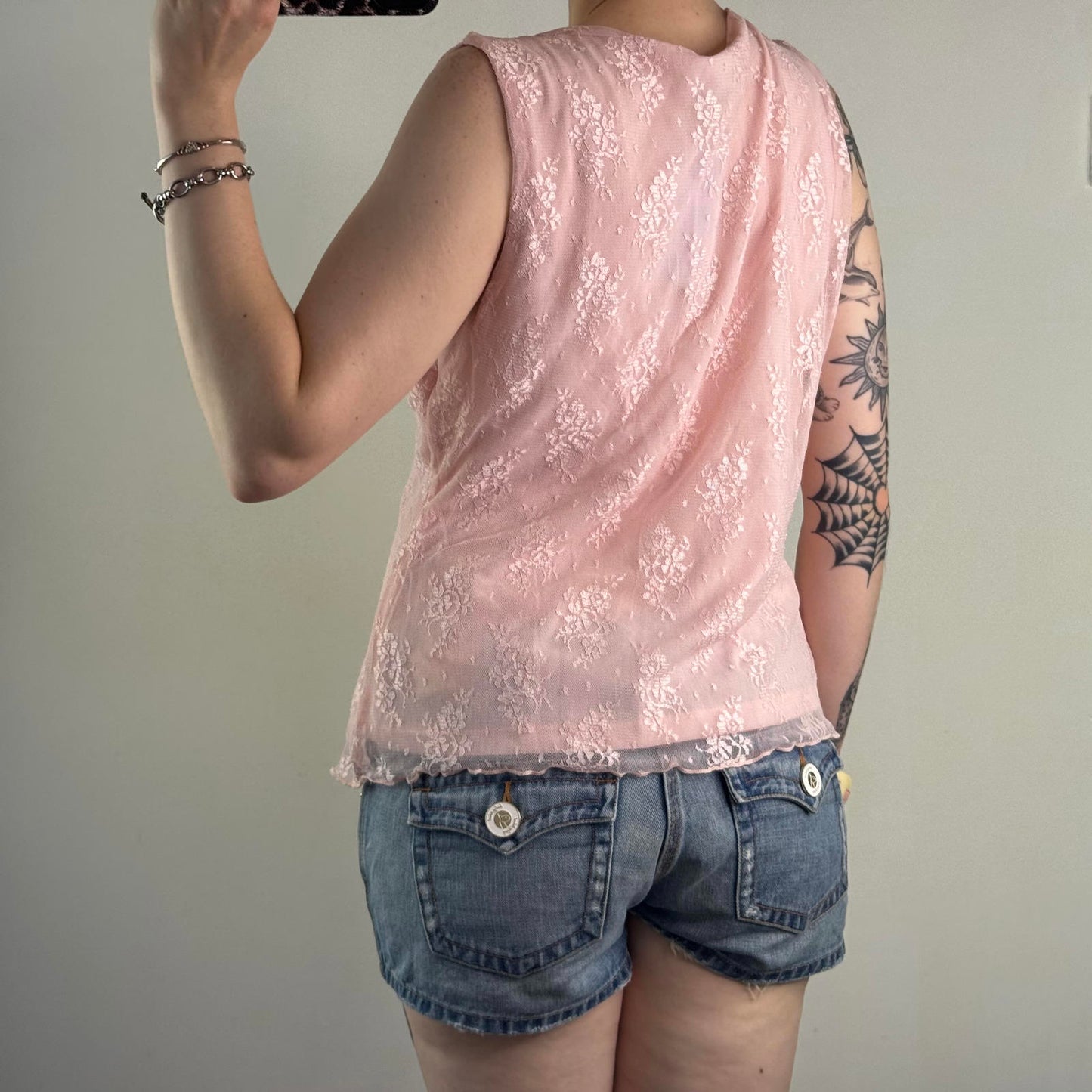 Y2K vintage lace mesh overlay tank top v neck frill trim baby pink stretchy