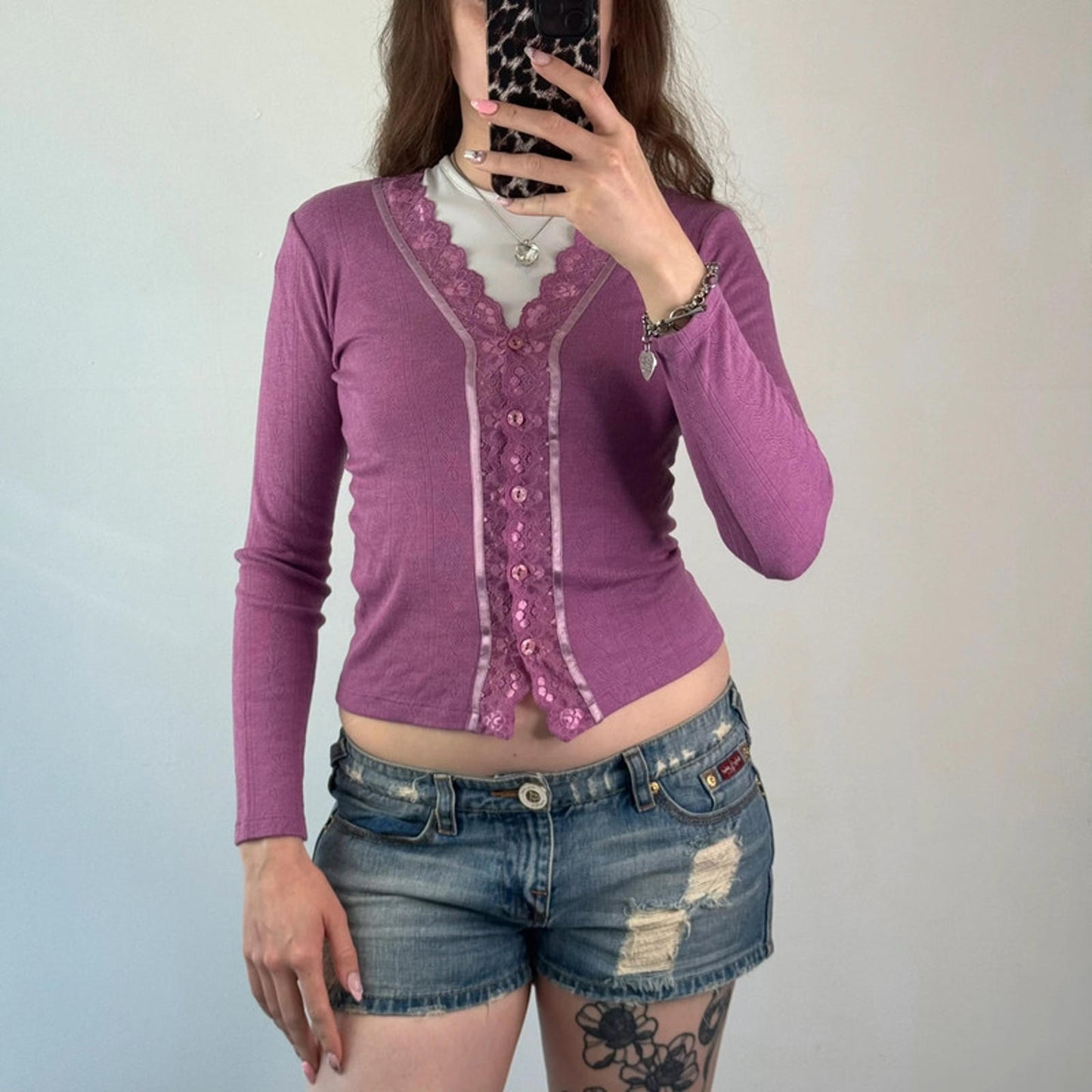 Y2K vintage fine knit button up lace trim long sleeve cardigan v neck fitted