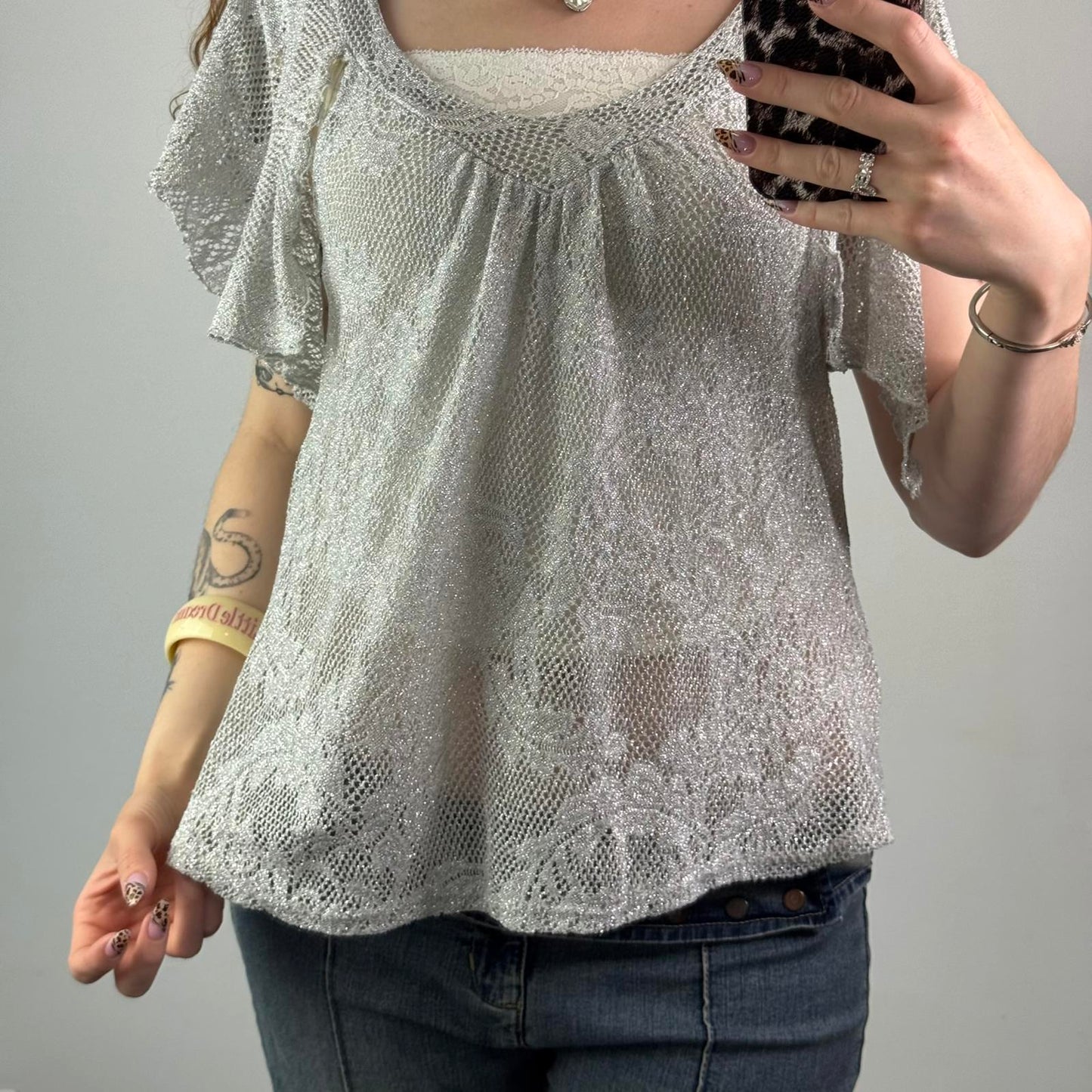 Y2K vintage sparkly knit top flare sleeve sheer low round neck silver frilly