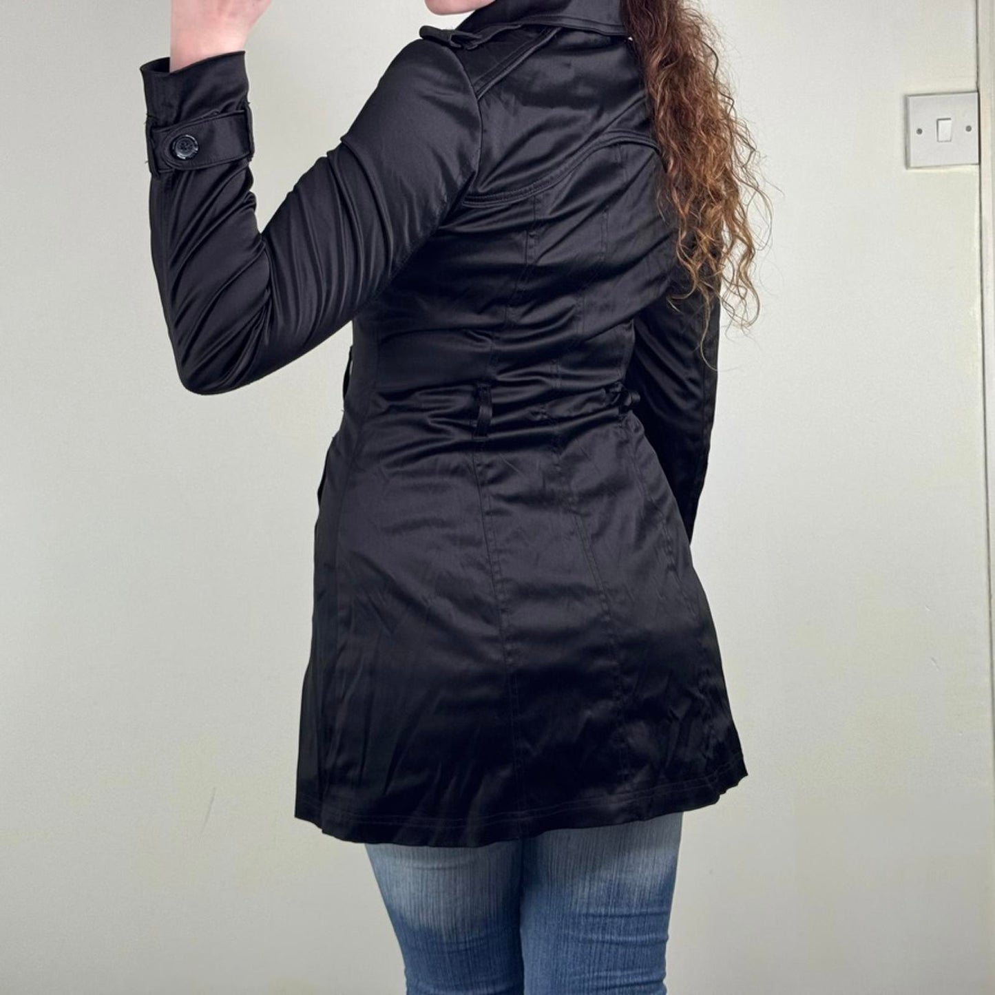 Vintage Jane Norman trench jacket short black satin button up double breasted
