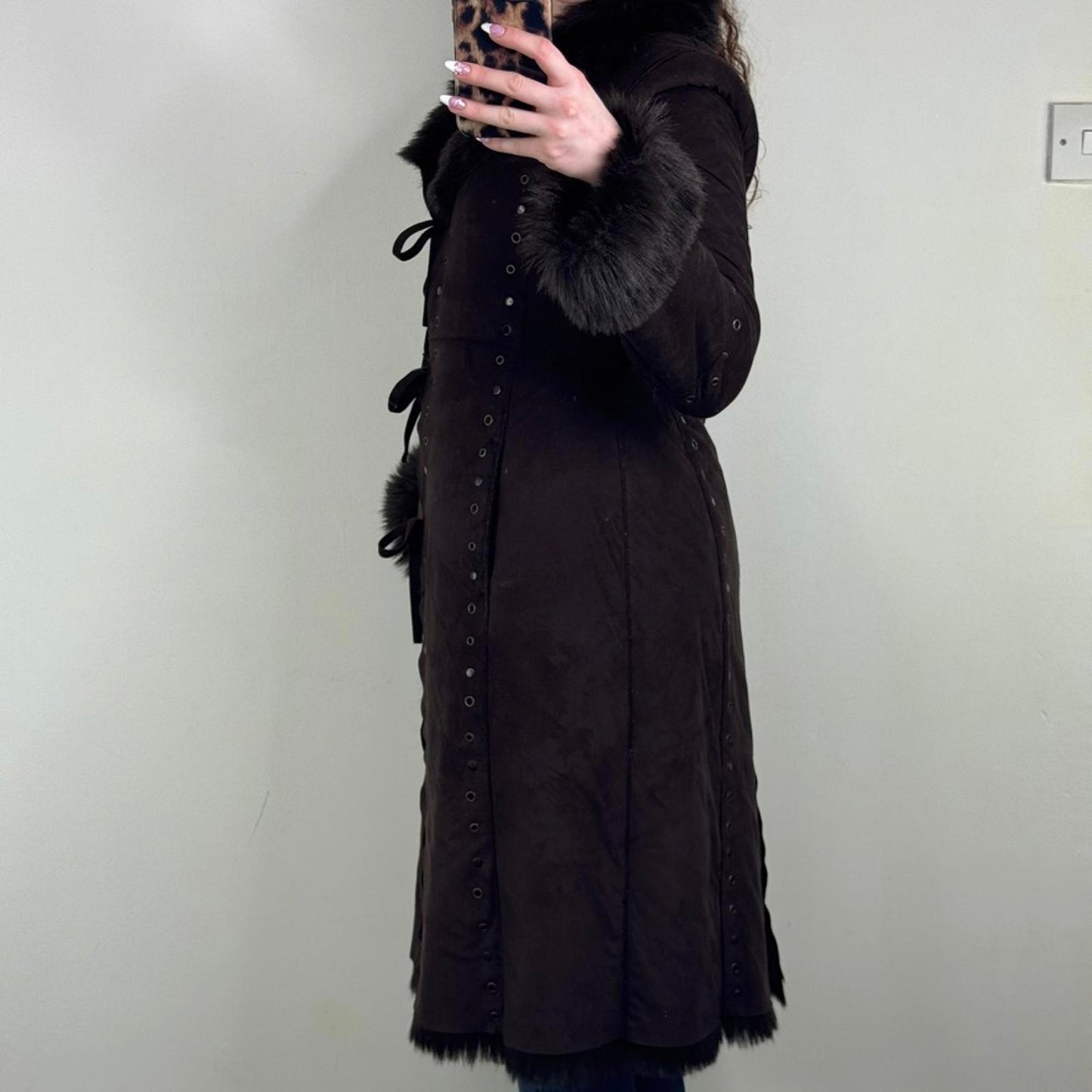 Y2K vintage faux fur coat long trench afghan full length studded grommet brown