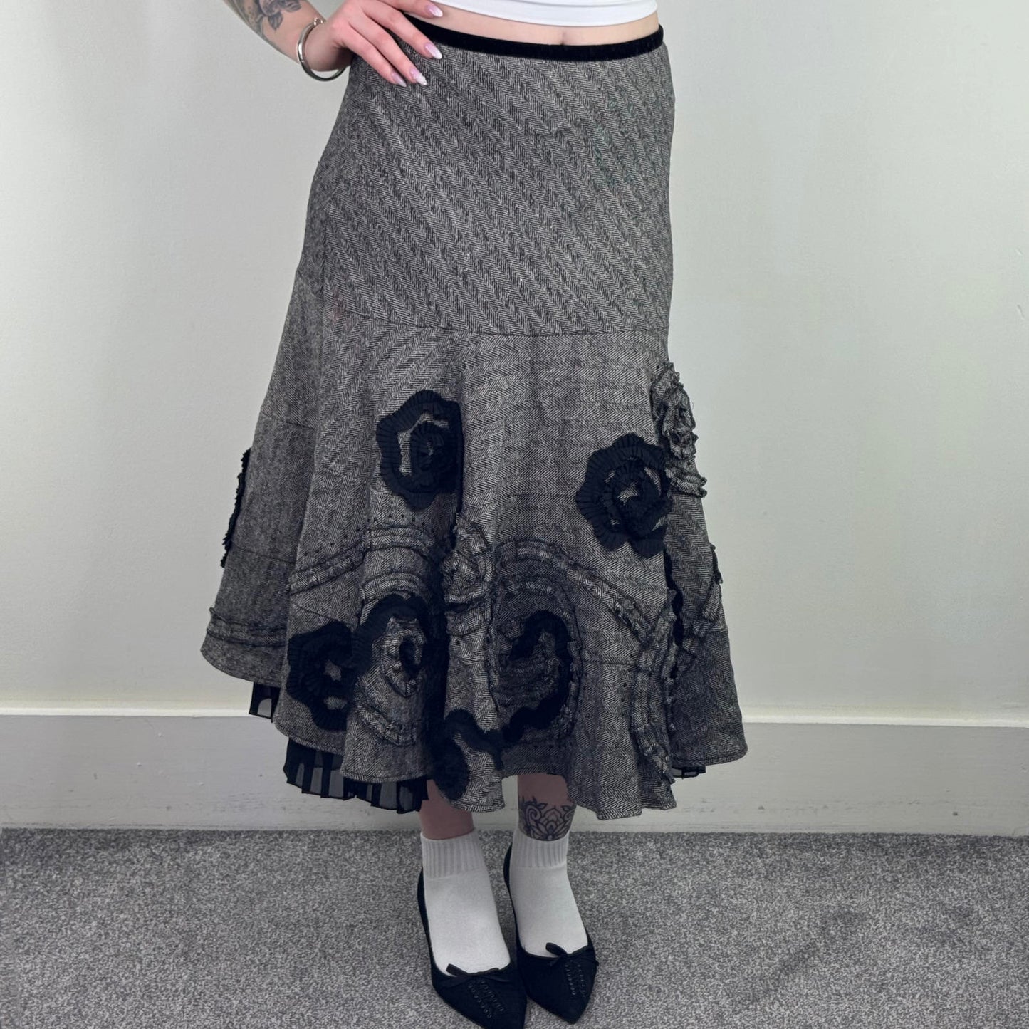 Y2K vintage Per Una wool blend maxi skirt a line frill hem pleated herringbone