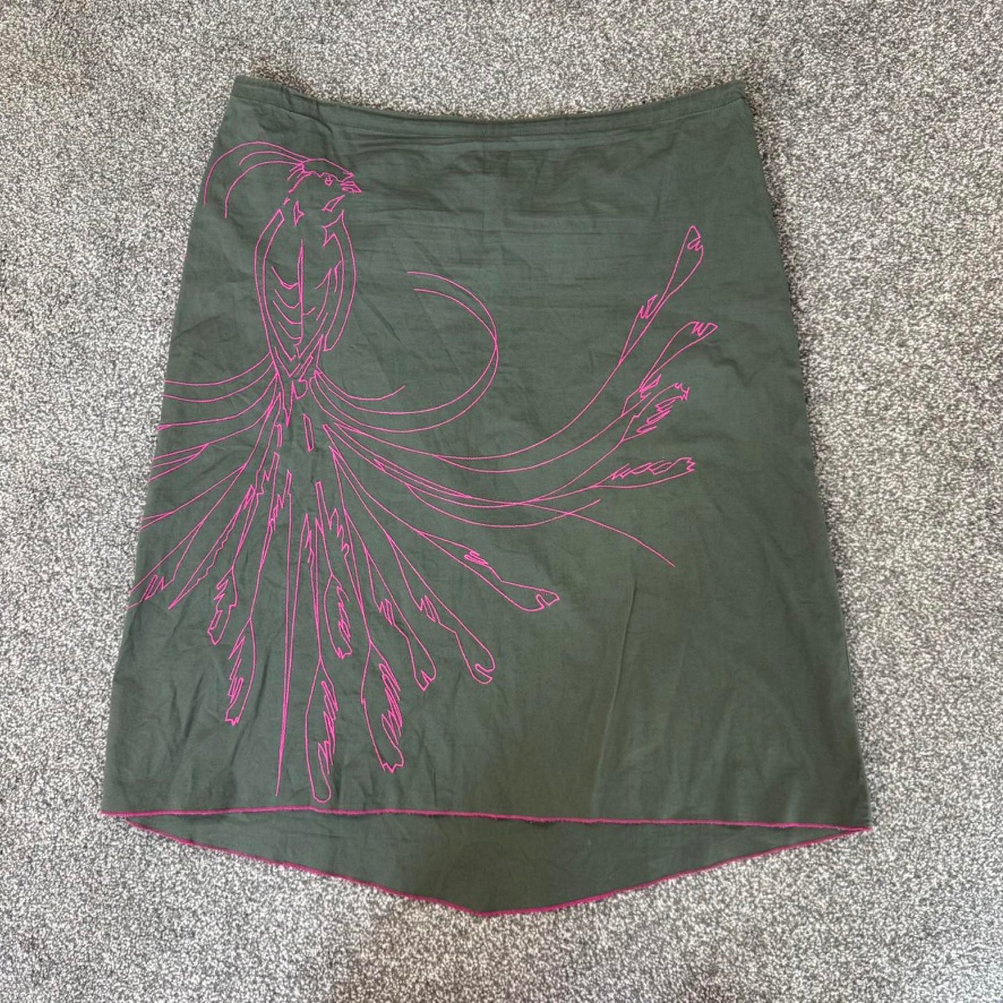 Y2K vintage bird embriodered asyemtriucal hem midi skirt stretch pink/ khaki