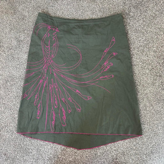 Y2K vintage bird embriodered asyemtriucal hem midi skirt stretch pink/ khaki