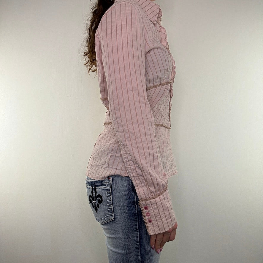 Y2K vintage button up stretchy shirt frilly lace trim ruffle pinstripe archive