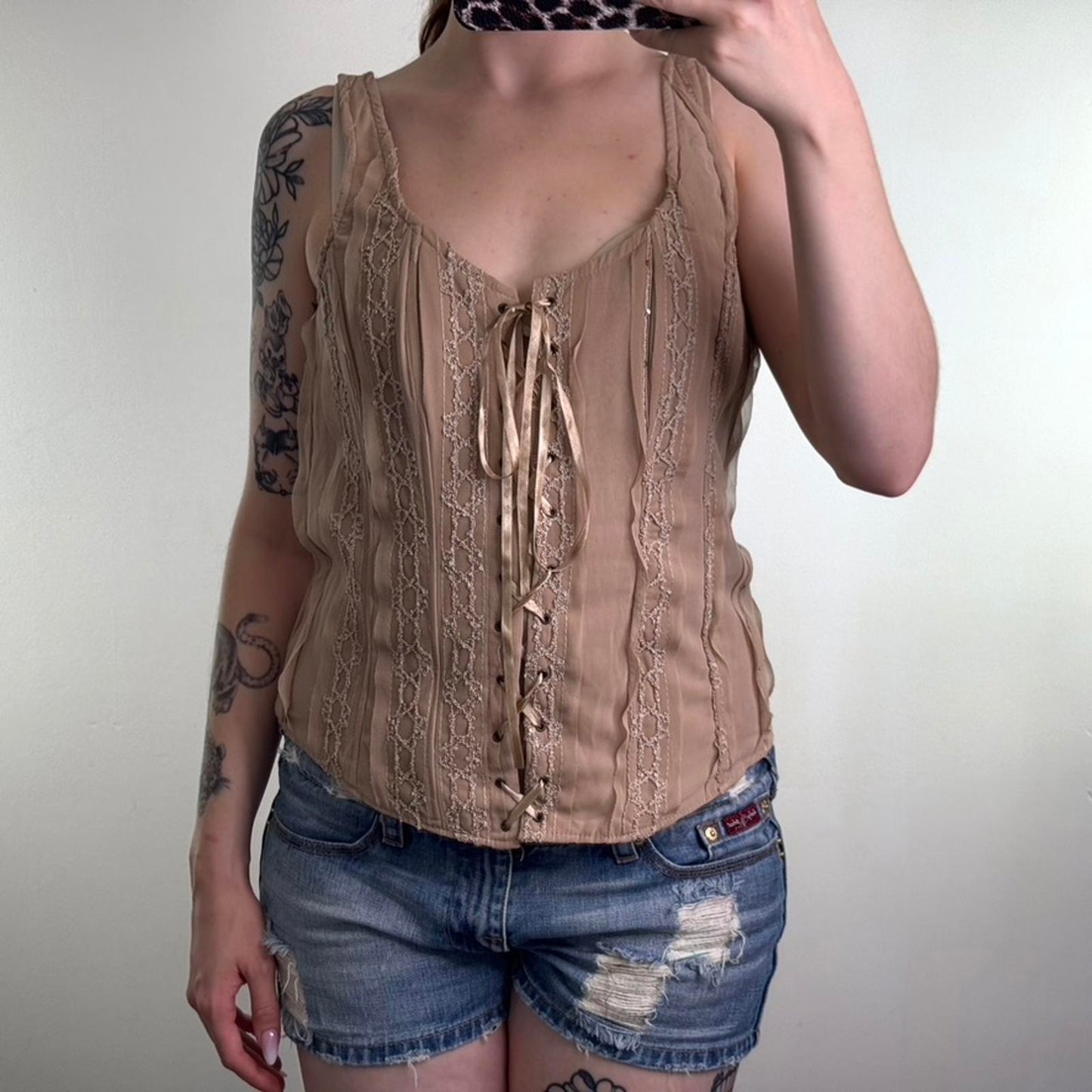 Y2K vintage boned lace up bustier top bow beige fitted tank structured