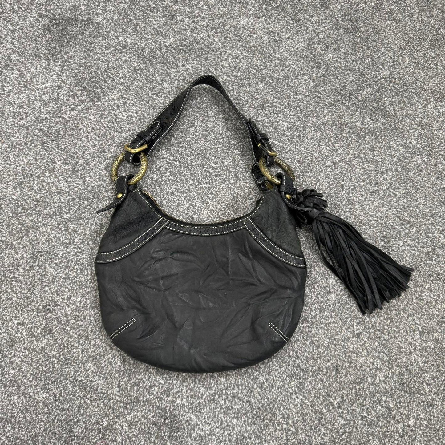 Y2K vintage genuine leather shoulder bag butter soft fringe charm hobo slouchy