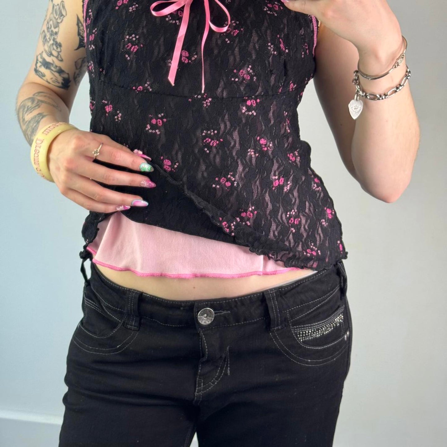 Y2K vintage ditsy floral milkmaid style bow black pink lace overlay trim strappy