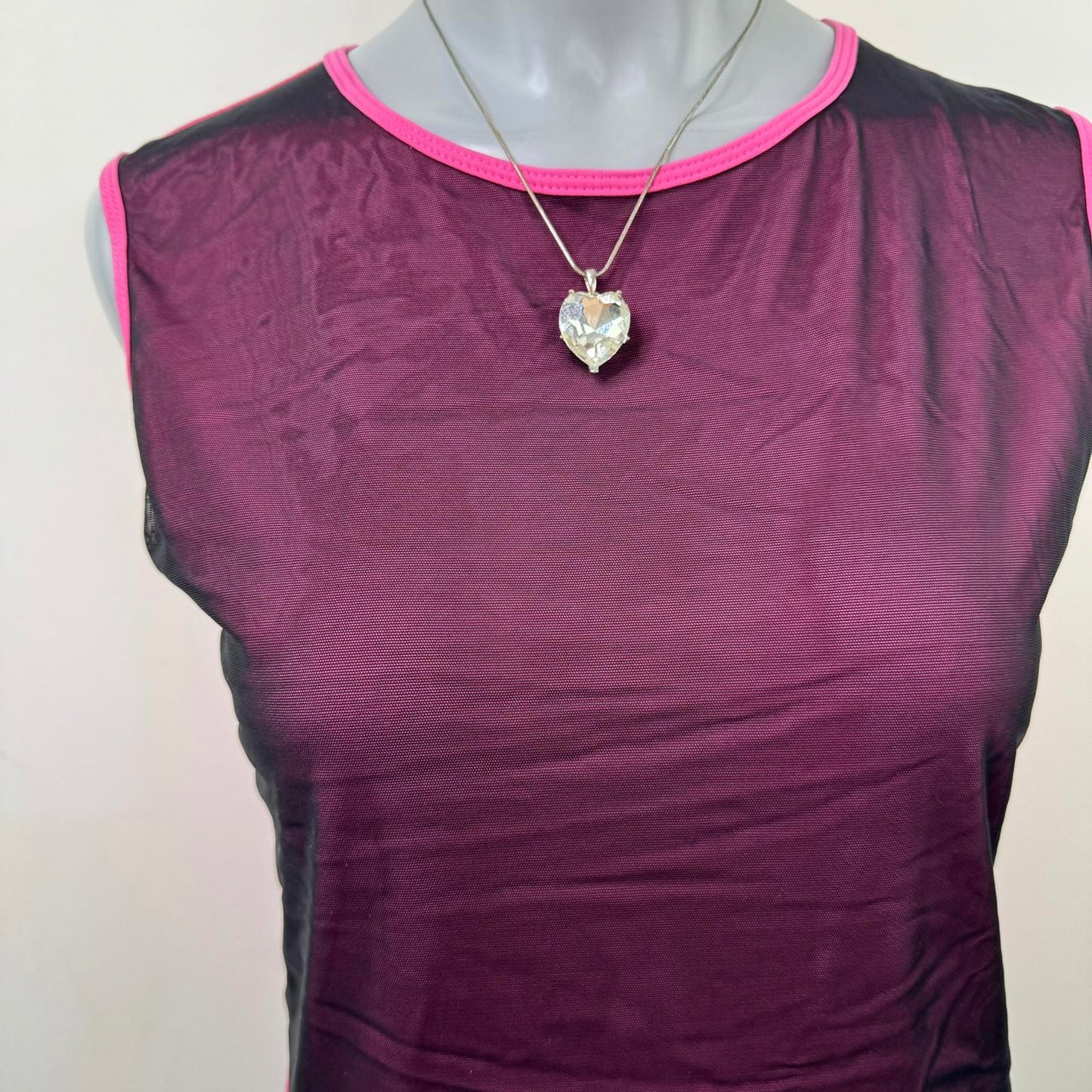 Y2K vintage mesh tank top pink black sleeveless round neck stretch fitted slinky