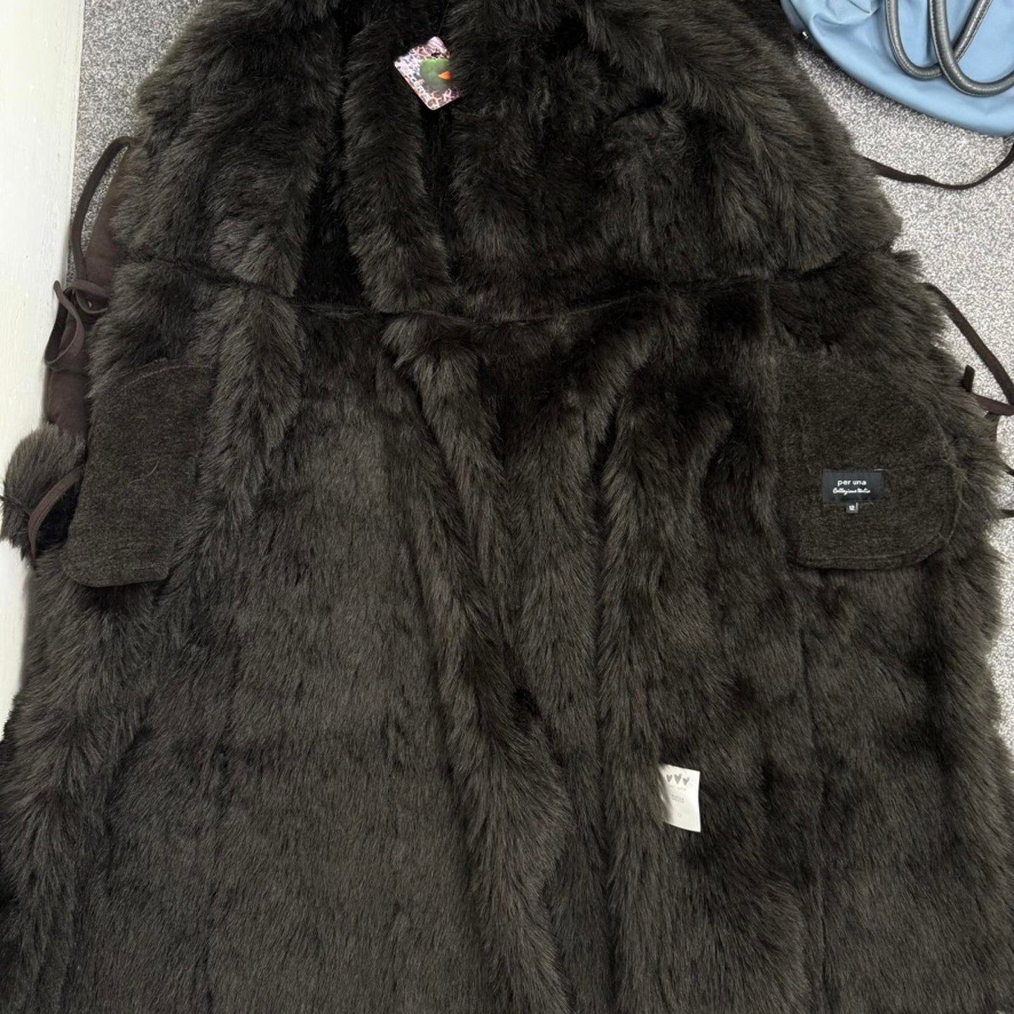 Y2K vintage faux fur coat long trench afghan full length studded grommet brown