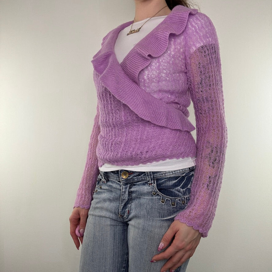 Y2K vintage crochet knit wrap around cardigan v neck long sleeve frill romantic