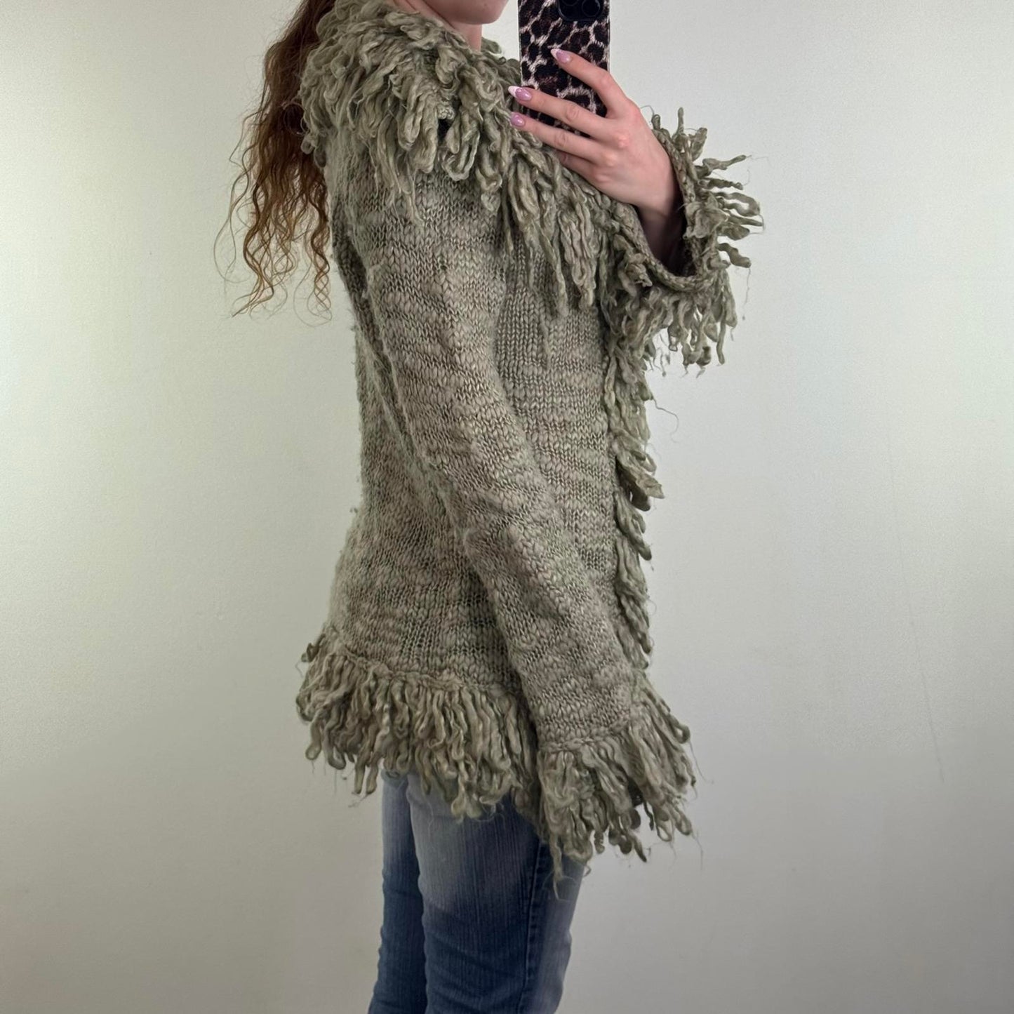 Y2K vintage wool blend shaggy chunky knit cardigan v neck mid length boho