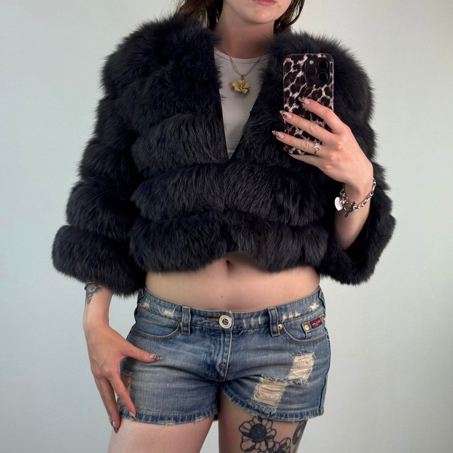 Genuine fur cropped 3/4 sleeve jacket coat  5 panel grey silk polyester lined