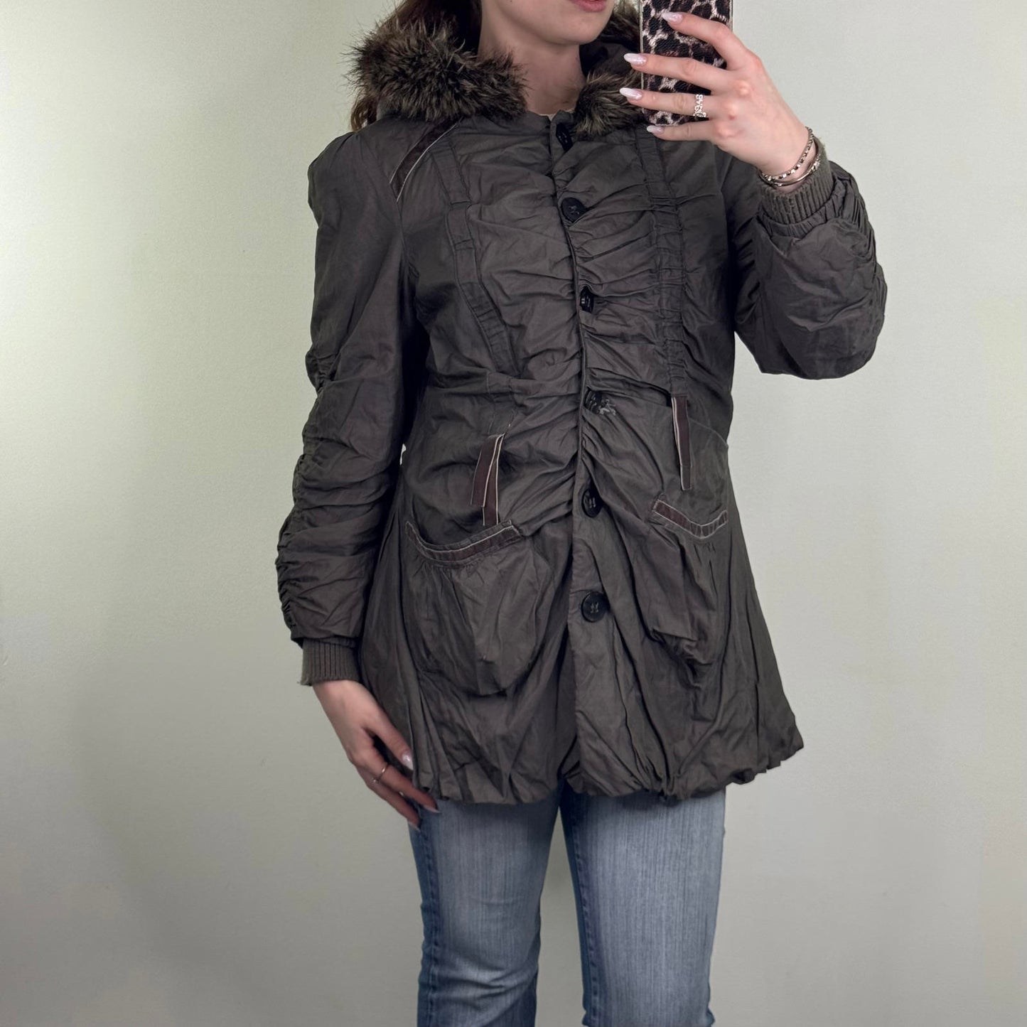 Y2K vintage parka coat ruched bow faux fur hood button up coquette brown velvet