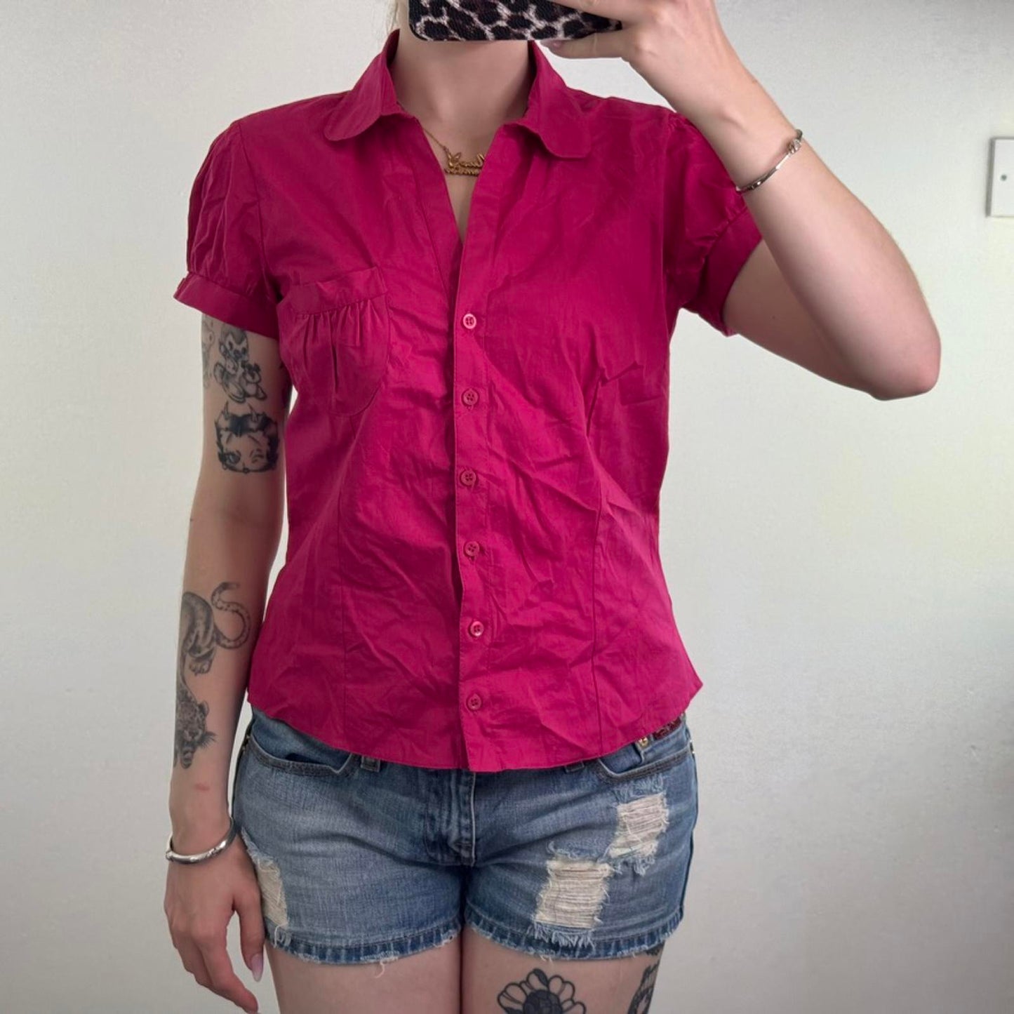 Y2K vintage button up short sleeve blouse shirt stretchy puff ball ruched pocket