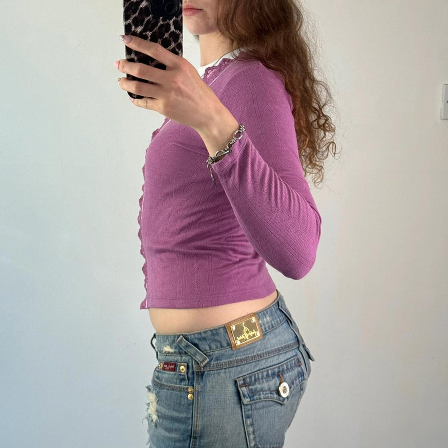 Y2K vintage fine knit button up lace trim long sleeve cardigan v neck fitted