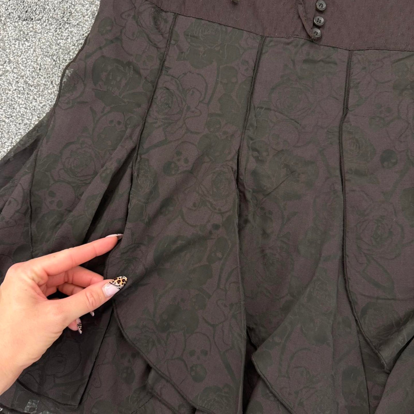 Y2K vintage Firestrap midi skirt skull roses brown button up bow a line frill